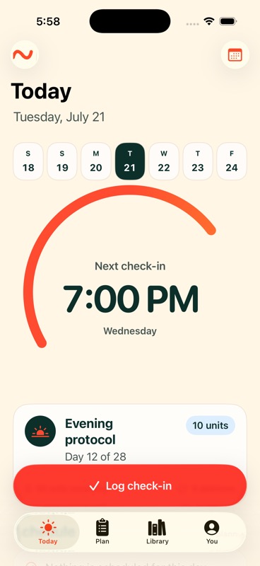 Paco showing the next scheduled check-in, protocol, and remaining supply.