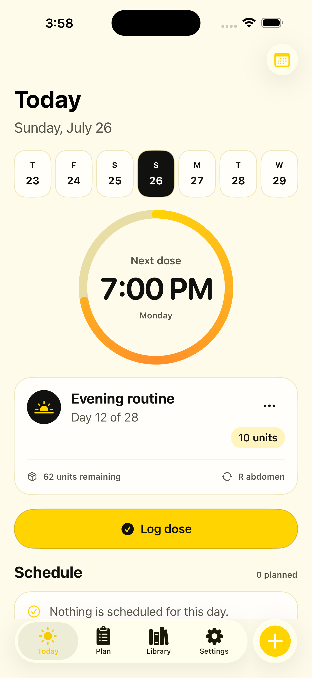 Wolverine showing the next check-in, routine, and remaining vial supply.